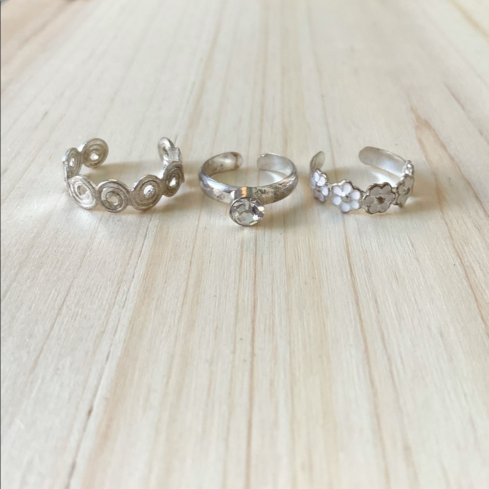 Toe ring lot 3 silver flower rhinestone swirl new
